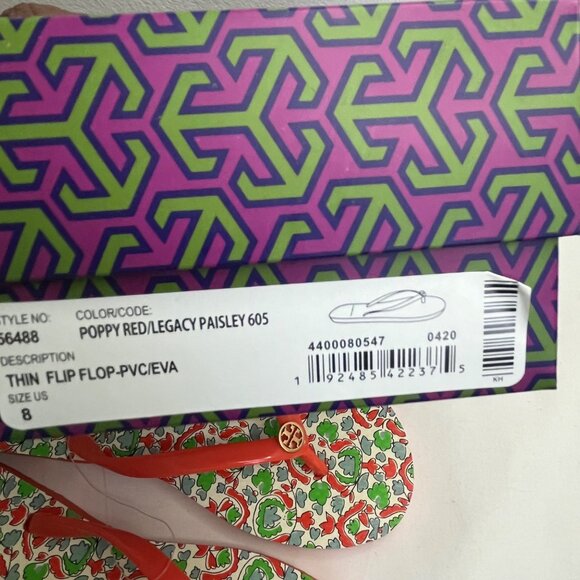 New Tory Burch Poppy Red/ Legacy Paisley Thin Flip Flops Size 8 - Picture 5 of 8